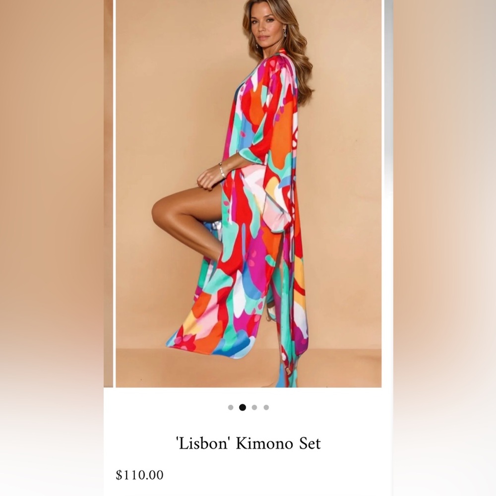 Flying Tomato Multicolor Satin belted Kimono Ensemble set - Picture 3 of 17